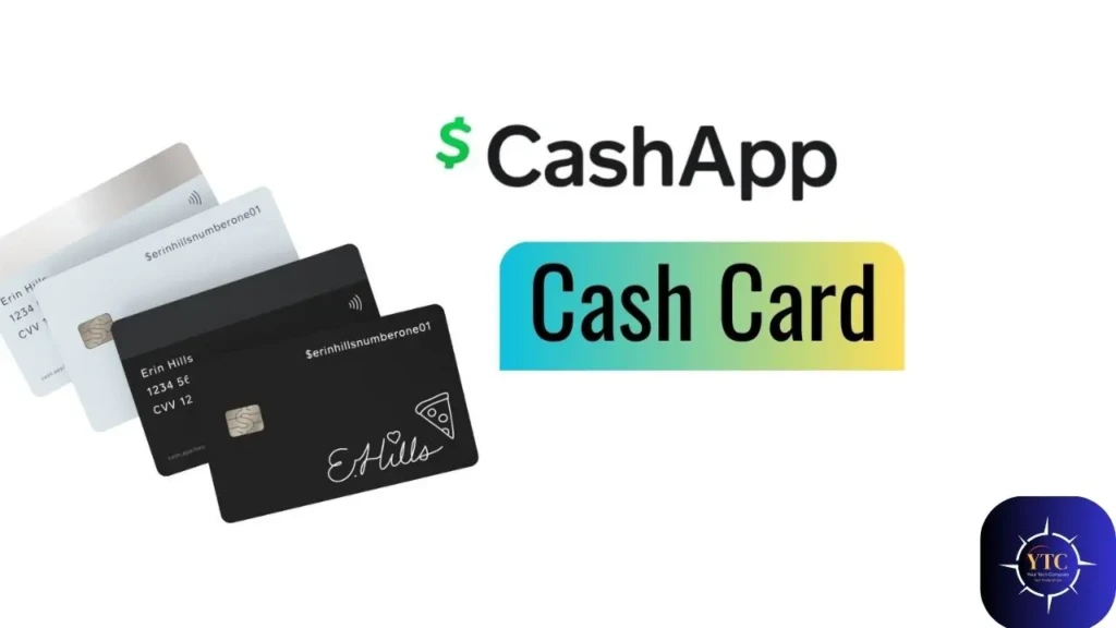 A promotional graphic featuring the Cash App logo and text “Cash Card,” alongside four physical Cash Cards in silver, white, and black finishes, one personalized with “E. Hills” and a pizza icon, highlighting customizable debit cards linked to the app.
