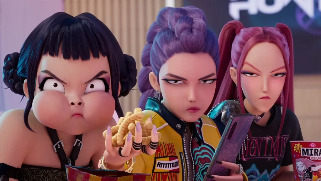 Three stylized animated characters with bold fashion and expressive faces, black, purple, and pink hair, gathered around snacks and a smartphone, evoking a vibrant, youth-oriented aesthetic; this appears to be a promotional or demo scene created using Seedance 2.0’s AI animation capabilities.