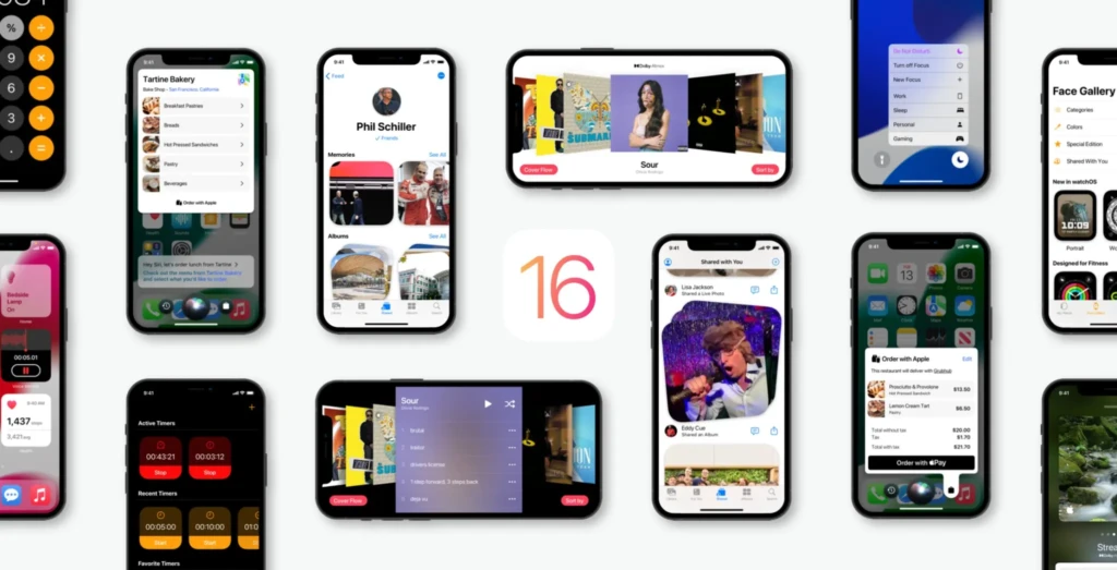 A collage of multiple iPhone screens displaying key iOS 16 features including Live Activities (e.g., order tracking, timers), Shared with You in Messages and Music, Face Gallery, Focus modes, and Apple Pay ordering, centered around the large “16” logo, highlighting cross-app collaboration and user-centric enhancements.