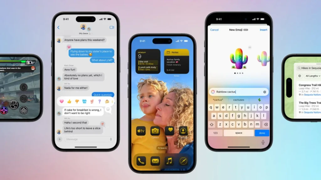 A collage of five iPhone screens demonstrating iOS 18 features: iMessage with expressive replies and quick questions, Lock Screen with widgets, emoji search (“Rainbow cactus”), and Maps with trail details, emphasizing enhanced communication, personalization, and utility.