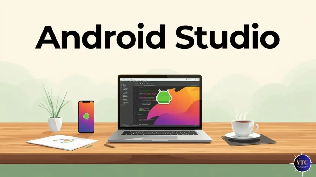 An illustrated scene titled “Android Studio,” featuring a laptop with the Android robot on-screen, a smartphone showing the Android logo, a notebook, plant, and steaming coffee on a wooden desk, conveying a welcoming, productive environment for app creators.