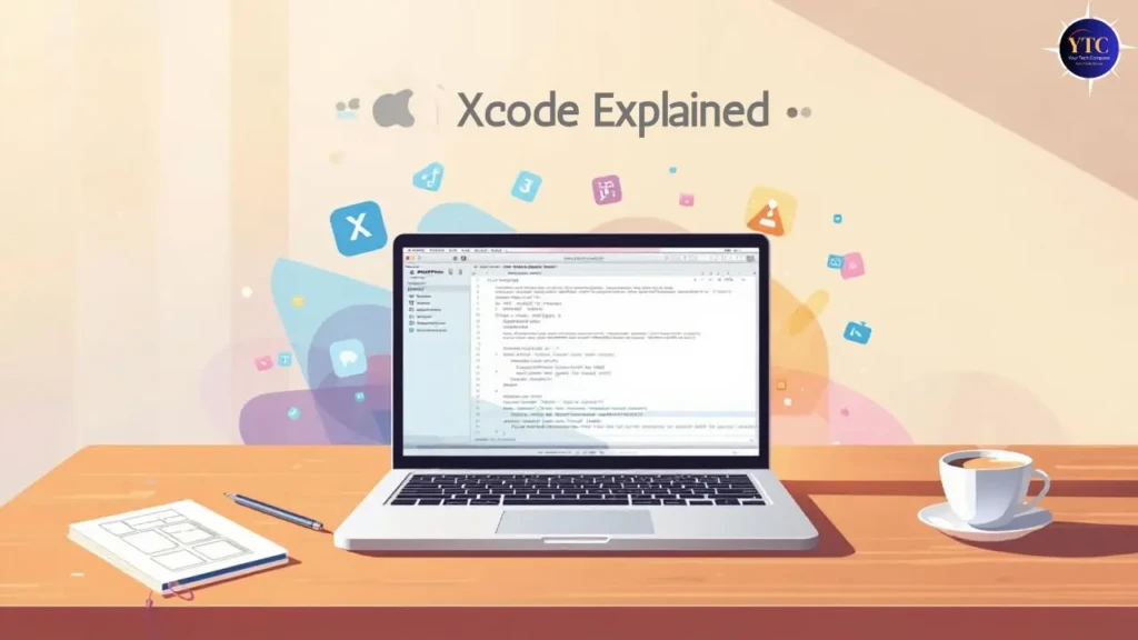 A stylized illustration of a laptop on a wooden desk showing Xcode with code editing, accompanied by a notebook, pen, coffee cup, and floating app icons, conveying a creative, approachable workspace for learning or using Xcode in a relaxed, productive setting.
