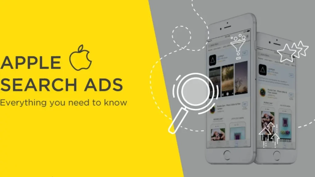 A split-background graphic titled “APPLE SEARCH ADS, Everything you need to know,” featuring the Apple logo and bold text on a yellow left panel, alongside two iPhones displaying App Store search results with illustrated icons (magnifying glass, stars, funnel) highlighting ad placement and visibility, serving as an introductory guide to Apple’s paid search advertising platform.