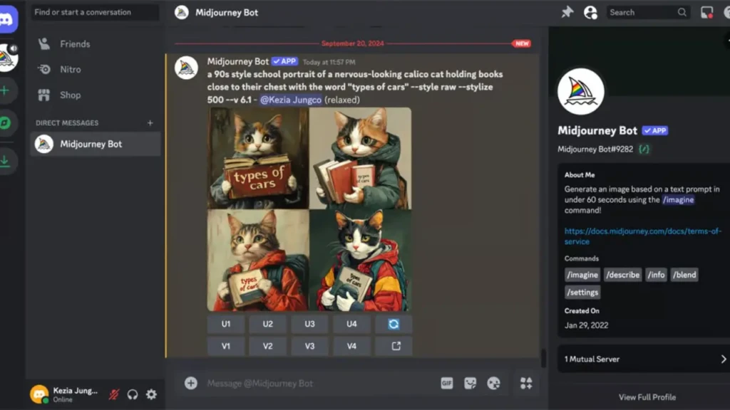 A Discord chat with the Midjourney Bot displaying a 2×2 grid of AI-generated cat portraits in 90s school-photo style, holding books titled “types of cars,” alongside the prompt text and user handle “@Kezia Jungco,” highlighting creative prompting, stylistic control, and rapid iteration in AI art creation.