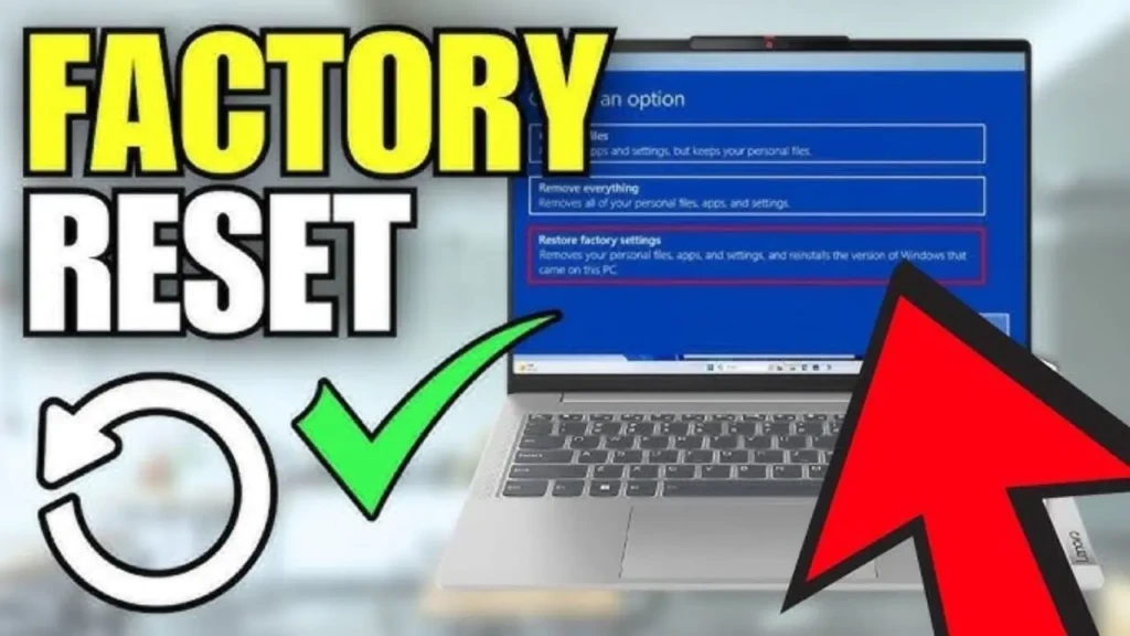 A stylized tutorial image with bold text “FACTORY RESET,” a green checkmark, a refresh icon, and a red arrow pointing to the “Restore factory settings” option in the Windows reset menu, visually emphasizing the correct choice for a full clean reinstall.
