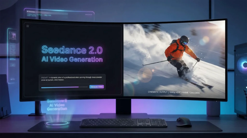 A modern workstation with a curved monitor displaying “Seedance 2.0 AI Video Generation,” a prompt field reading “A dynamic shot of a professional skier carving through deep powder snow at sunset, slow motion,” and the resulting cinematic 1080p HDR output, illustrating end-to-end AI-powered video synthesis in a professional setup.