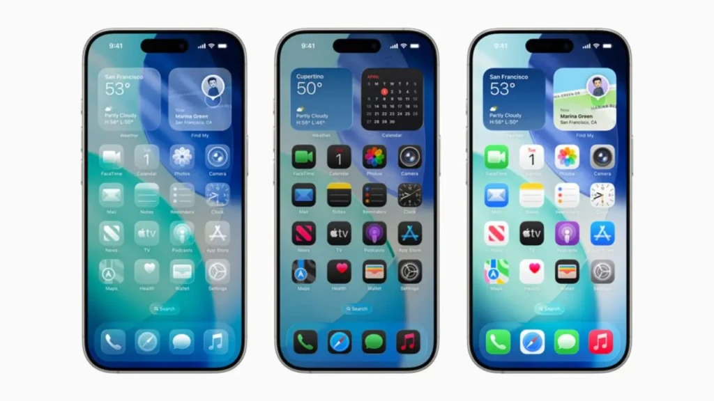 Three iPhones side by side demonstrating iOS 26’s enhanced widget ecosystem: a Weather + Find My widget, a Calendar + Weather combo with interactive controls, and a rich app grid with personalized icons and live data, highlighting deeper integration and real-time utility.
