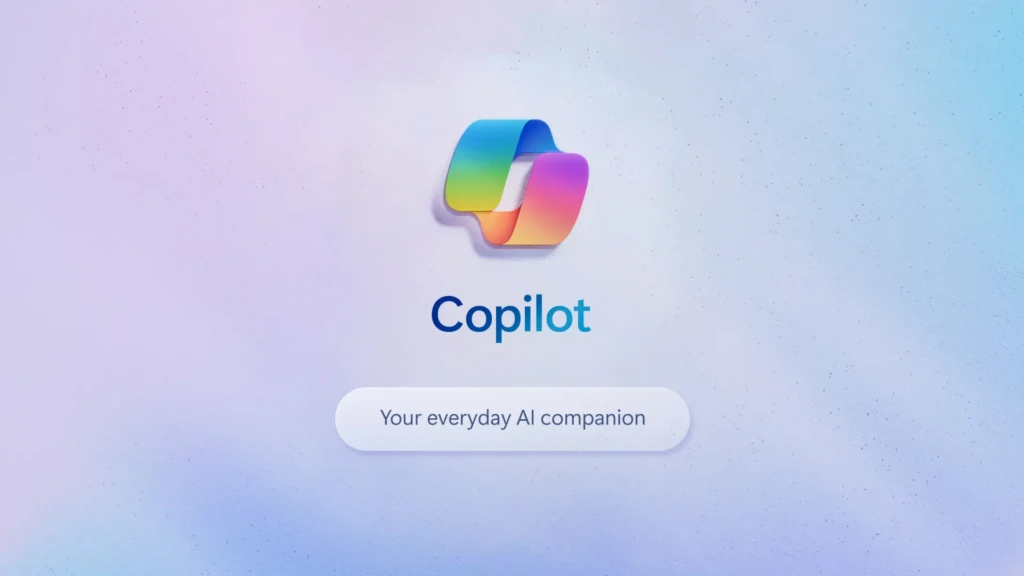 The Microsoft Copilot logo, a vibrant, ribbon-like multicolor icon, centered above the word “Copilot” and the tagline “Your everyday AI companion” on a soft purple-to-blue gradient background, positioning Copilot as an accessible, integrated AI assistant for daily productivity.