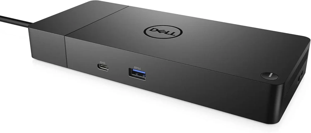 A black Dell USB-C docking station with the Dell logo centered on top, showing side ports including USB-C (with SS logo), USB-A (blue), and a power button, against a clean white background, highlighting its compact, professional design for laptop connectivity.