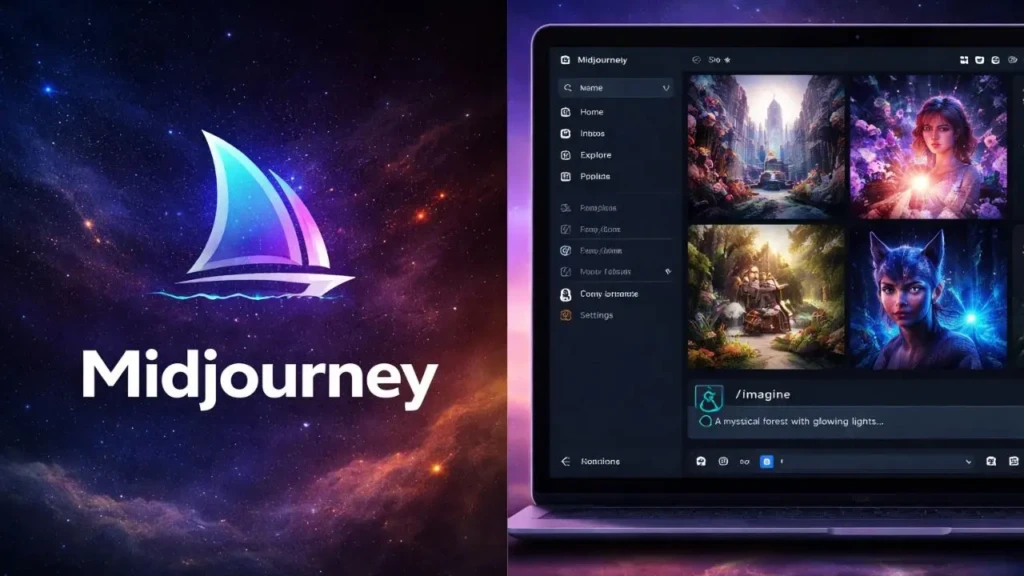 A split-screen composition: left side shows the Midjourney logo (sailboat on cosmic background) with the word “Midjourney”; right side displays a laptop running the Midjourney web app with image grids, sidebar navigation, and an active /imagine prompt for “A mystical forest with glowing lights…” showcasing the platform’s UI and creative output in a professional context.