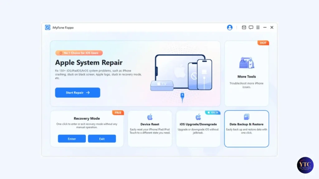 The iMyFone Fixppo main dashboard titled “Apple System Repair,” highlighting it as the “No.1 Choice for iOS Users” and key features including Recovery Mode, Device Reset, iOS Upgrade/Downgrade, and Data Backup & Restore, with visual icons and a prominent “Start Repair” button.