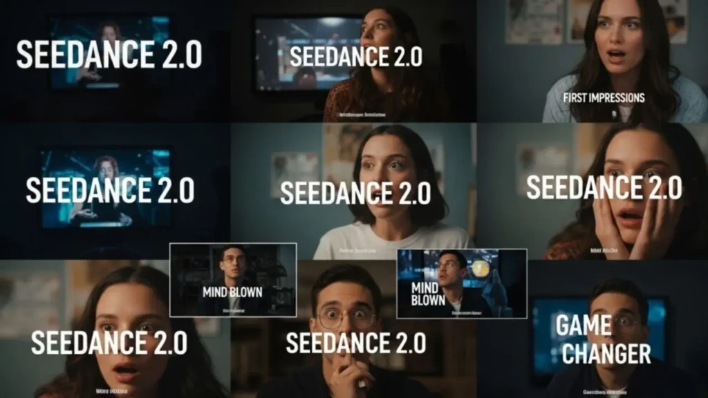 A nine-panel collage of user reaction shots (expressions of surprise, awe, and excitement) overlaid with repeated text “SEEDANCE 2.0,” plus labels like “FIRST IMPRESSIONS,” “MIND BLOWN,” and “GAME CHANGER,” illustrating strong positive audience responses to the platform’s capabilities.
