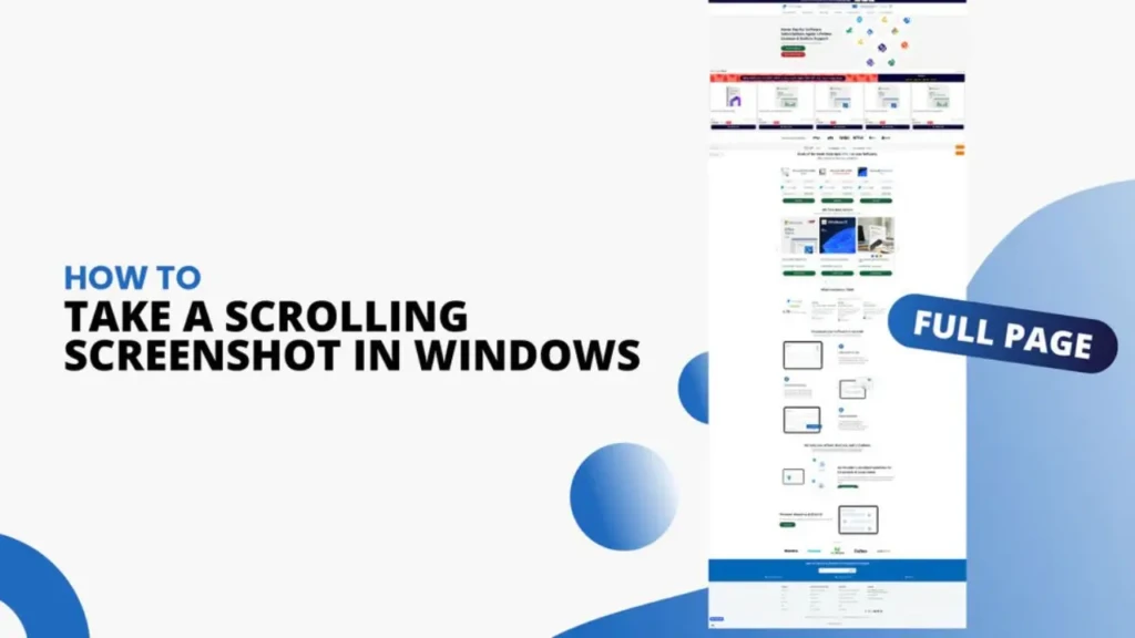 A tutorial graphic titled “HOW TO TAKE A SCROLLING SCREENSHOT IN WINDOWS,” with bold text on the left and a screenshot of a webpage on the right labeled “FULL PAGE” in a blue badge, demonstrating the concept of capturing entire web pages in one image.