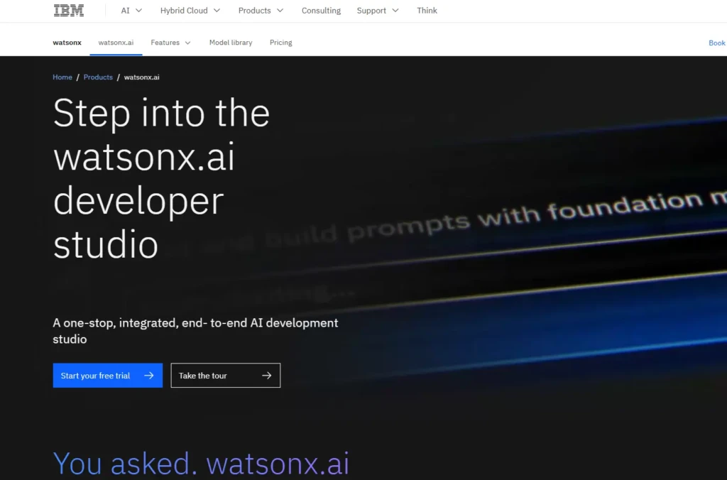 The watsonx.ai developer studio landing page with the headline “Step into the watsonx.ai developer studio,” describing it as a “one-stop, integrated, end-to-end AI development studio,” and featuring buttons for “Start your free trial” and “Take the tour,” emphasizing accessibility and onboarding for enterprise AI builders.