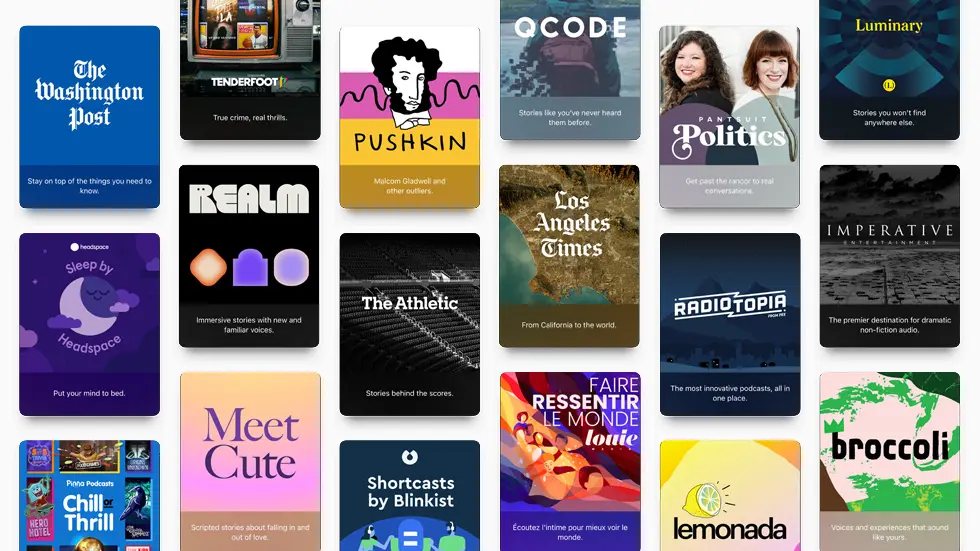 A grid of 16 Apple Podcasts show covers including The Washington Post, Pushkin, Realm, The Athletic, Los Angeles Times, RadioTopia, Broccoli, and Lemonada, showcasing the platform’s wide range of genres, from journalism and true crime to storytelling and wellness.