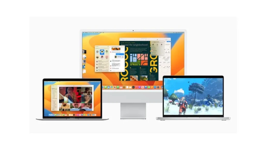 A trio of Apple devices, iMac, MacBook Air, and MacBook Pro, arranged to showcase macOS Ventura’s multitasking capabilities, with overlapping windows, Stage Manager previews, and diverse apps (Keynote, Messages, game) running simultaneously across screens.