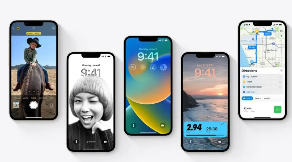 Five iPhones side by side showcasing iOS 16’s customizable Lock Screen features: a photo-based lock screen, a black-and-white portrait, a colorful abstract design, a fitness widget display, and Apple Maps with turn-by-turn directions, demonstrating personalization, widgets, and integration improvements.