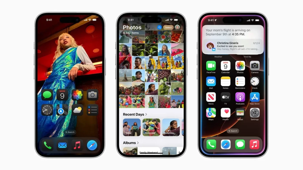 Three iPhones showcasing iOS 18 UI updates: a dynamic home screen with a fashion-themed wallpaper and custom icons, the Photos app with a rich grid of 8,342 items, and the Lock Screen with a proactive notification (“Your mom’s flight is arriving…”) and app drawer, illustrating personalization, intelligence, and integration.