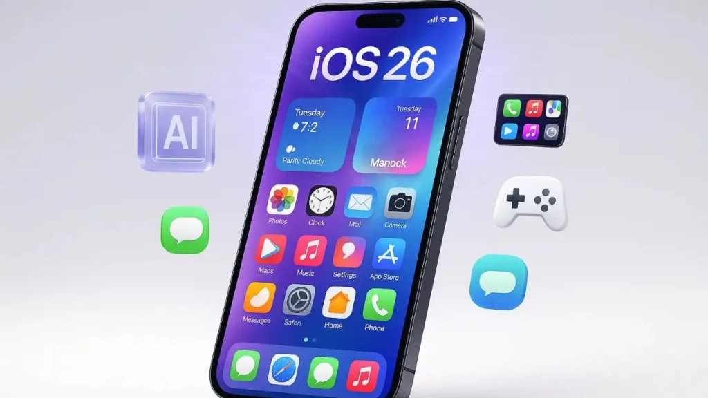 A central iPhone displaying the iOS 26 home screen with floating app icons (AI, Messages, Game Controller, and others) around it, symbolizing new integrations like on-device AI, gaming enhancements, and smarter app interactions, presented as a futuristic, feature-rich vision of the next iOS generation.