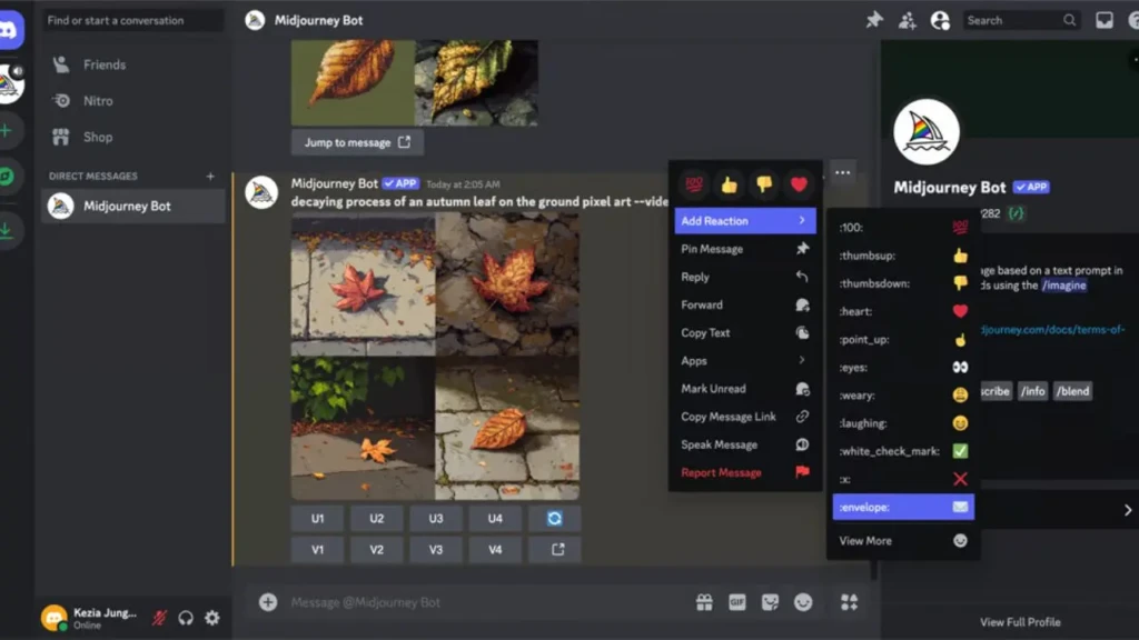 A Discord interface showing the Midjourney Bot in a direct message, with a generated image grid of autumn leaves on pavement, a context menu open with options like “Add Reaction” and “Copy Text,” and reaction emojis visible, illustrating real-time AI image generation and community interaction within Discord.