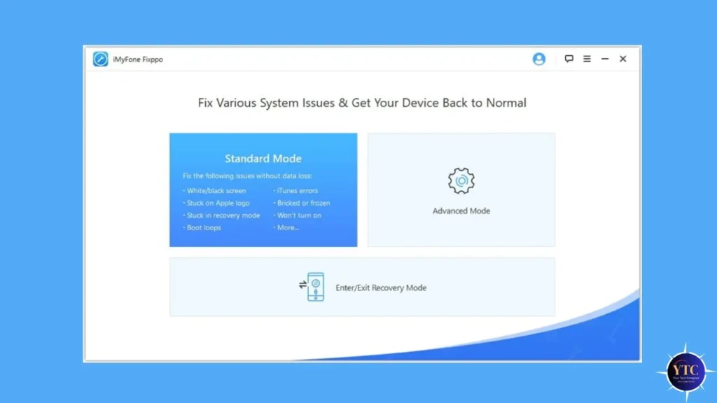 An iMyFone Fixppo screen titled “Fix Various System Issues & Get Your Device Back to Normal,” showing “Standard Mode” (with bullet points like white/black screen, stuck Apple logo, boot loops) and “Advanced Mode,” plus an “Enter/Exit Recovery Mode” option, emphasizing comprehensive iOS troubleshooting capabilities.
