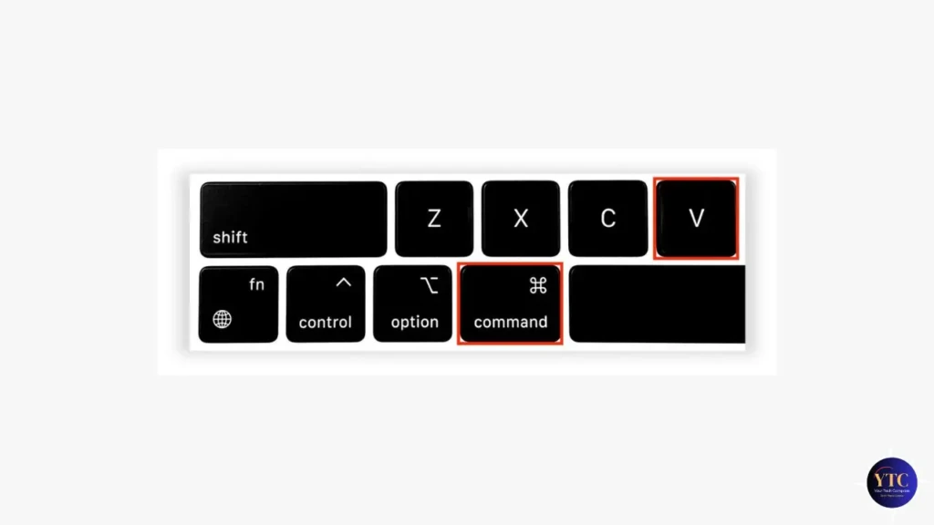 A close-up of a MacBook keyboard highlighting the Command (⌘) and V keys with red boxes, illustrating the shortcut for pasting content on macOS.