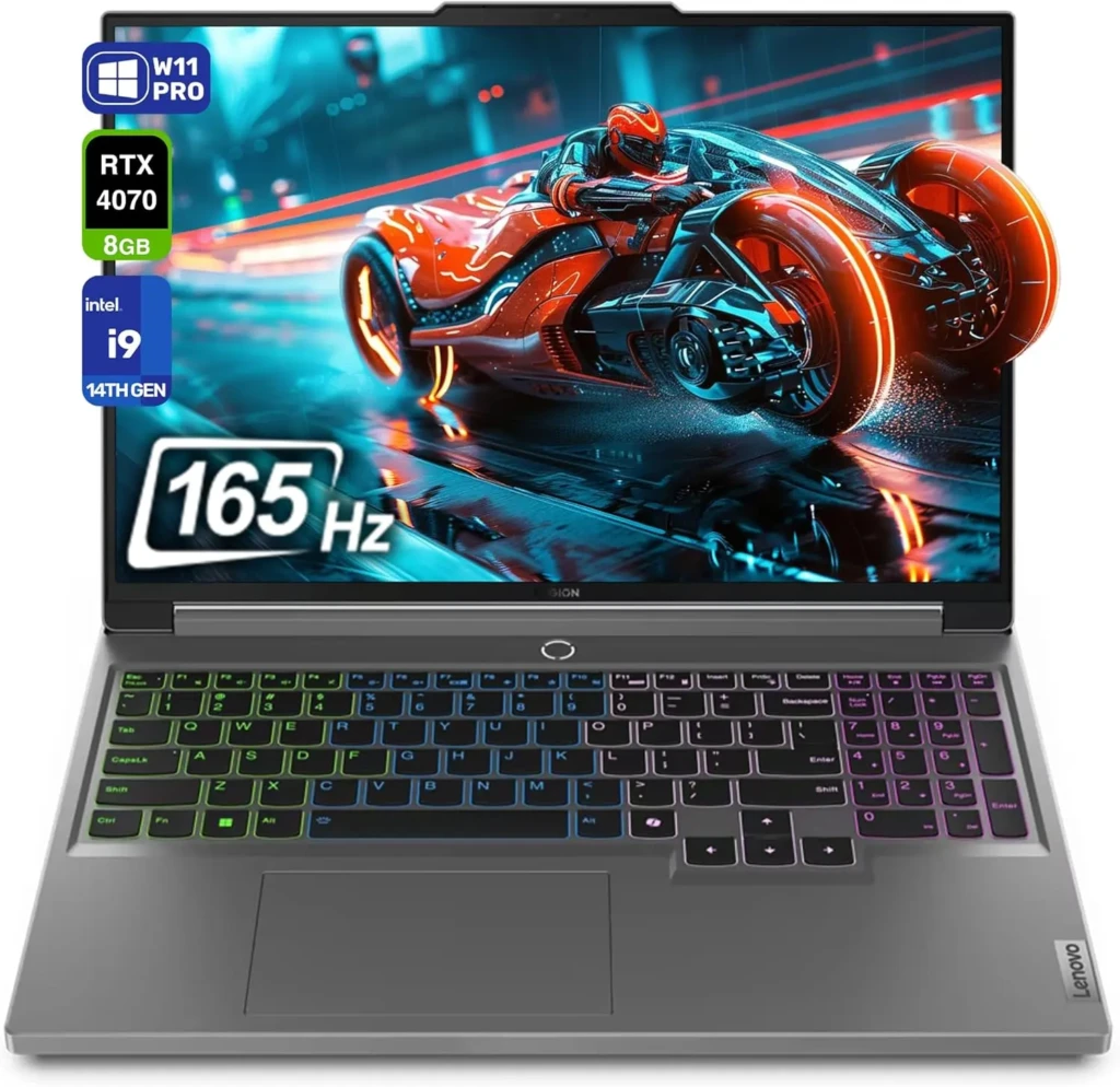 A gray Lenovo Legion laptop with a cyberpunk motorcycle wallpaper, overlaid with spec badges for Windows 11 Pro, RTX 4070 (8GB), 14th Gen Intel i9, and 165 Hz display, illustrating its cutting-edge configuration and vivid RGB keyboard in a sleek, modern design.