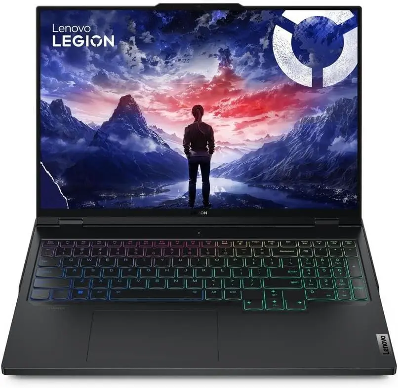 A front-facing view of a black Lenovo Legion laptop with vibrant rainbow RGB keyboard backlighting, displaying the same epic mountain-and-sky wallpaper and “Lenovo LEGION” logo, underscoring its visual appeal, lighting customization, and high-resolution screen.