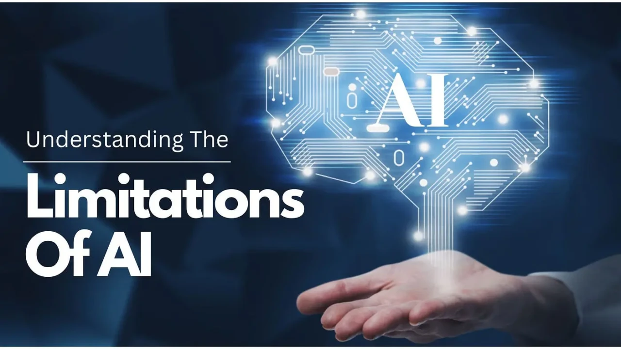 A hand is extended, with a digital brain graphic and the text "Understanding the Limitations of AI" prominently displayed.