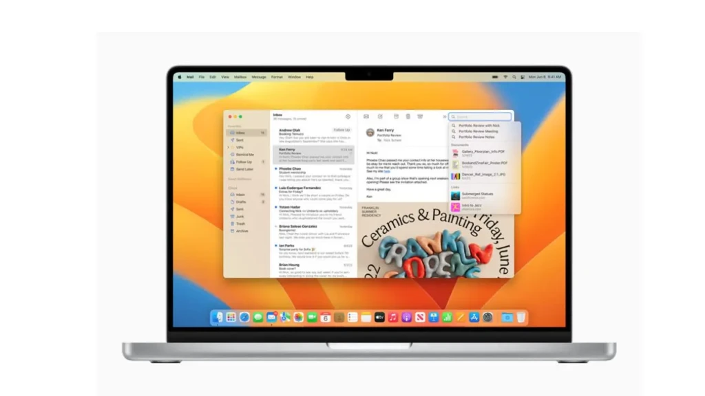 A MacBook screen showcasing macOS Ventura’s Stage Manager and multitasking features, with overlapping windows for Mail, Finder, and a presentation titled “Ceramics & Painting,” set against the default orange-and-blue wallpaper, highlighting enhanced window organization and productivity workflows.