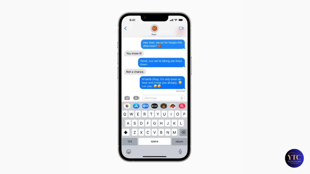 A close-up of an iPhone screen showing an iMessage conversation with playful text exchanges, emoji, and the iMessage keyboard active, illustrating enhanced messaging capabilities such as message editing, undo send, and expressive replies in iOS 16.