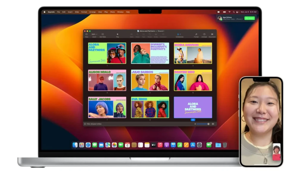 A MacBook Pro screen showing Keynote with a vibrant grid of presentation slides titled “Alora and Partners, Shared,” alongside an iPhone displaying a FaceTime video call with a smiling participant, highlighting collaborative workflows and real-time sharing in macOS Ventura.