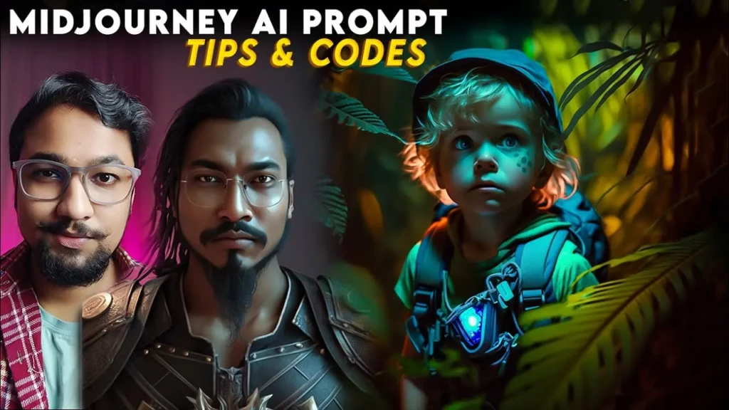 A promotional graphic titled “MIDJOURNEY AI PROMPT TIPS & CODES,” featuring three AI-generated portraits: two men with distinct facial features and attire, and a young child in a futuristic jungle setting with glowing gear, illustrating diverse creative outputs achievable through strategic prompting.