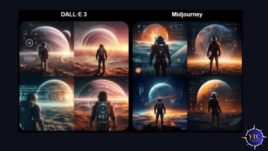 A side-by-side comparison labeled “DALL·E 3” (left) and “Midjourney” (right), each displaying four AI-generated sci-fi astronaut scenes on alien planets; the images highlight differences in lighting, detail, and composition between the two models’ outputs.