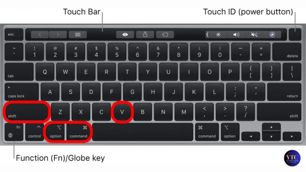 A labeled diagram of a MacBook keyboard identifying key components: Touch Bar (top), Touch ID (power button, top-right), Function (Fn)/Globe key (bottom-left), and red-outlined keys for Shift, Option, Command, and V, clarifying the layout for executing copy (⌘+C) and paste (⌘+V) shortcuts.
