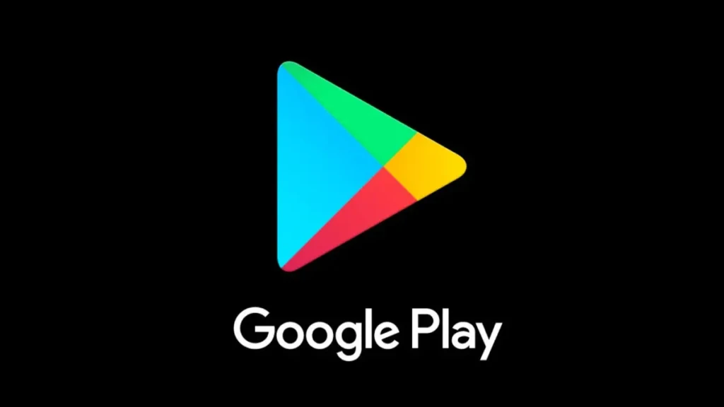 The Google Play logo, a colorful triangle in blue, green, red, and yellow, centered above the text “Google Play” on a black background, symbolizing the official app distribution platform for Android devices.
