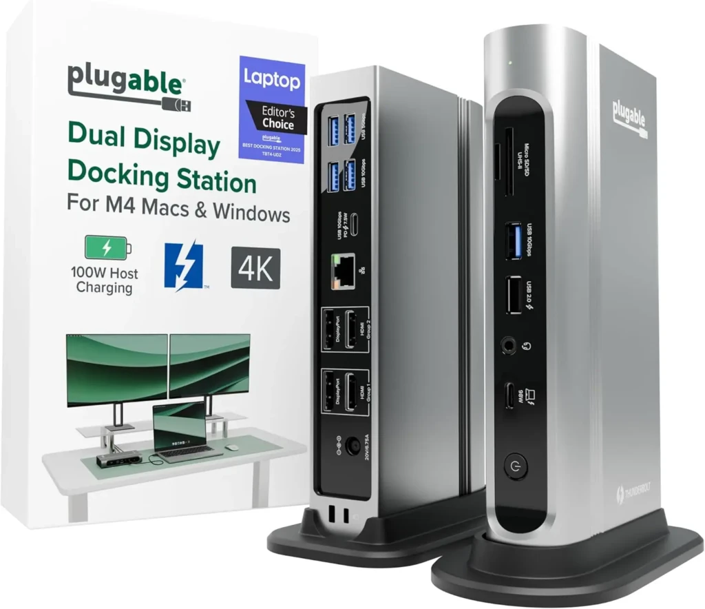 A Plugable dual-display docking station (silver model) next to its retail box, which highlights “Editor’s Choice,” “100W Host Charging,” “4K,” and compatibility with M4 Macs & Windows; the dock shows Thunderbolt 3/4, USB-A, HDMI, Ethernet, and SD card slots, presenting a high-performance, future-proof workstation hub.