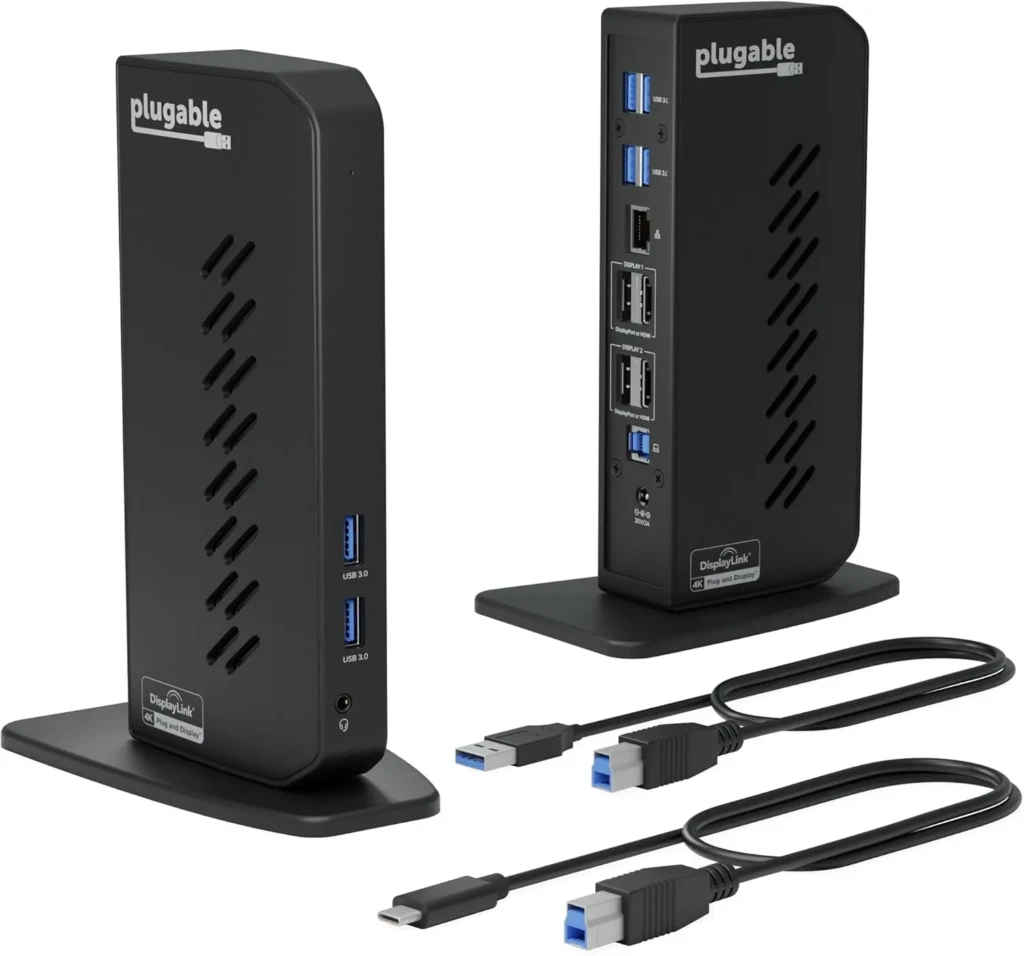 Two black Plugable USB-C docking stations displayed side by side on stands, featuring USB 3.0 ports, DisplayLink branding, ventilation slots, and included cables (USB-C to USB-A and USB-C to HDMI), showcasing their plug-and-play versatility for multi-monitor setups.