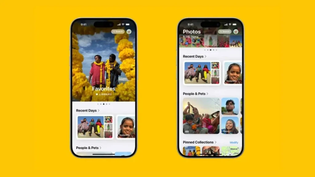 Two iPhones side by side on a yellow background, both showing the Photos app: the left displays the “Favorites” library with a vibrant floral backdrop, and the right shows “Recent Days,” “People & Pets,” and “Pinned Collections,” highlighting AI-powered photo organization in iOS 18.