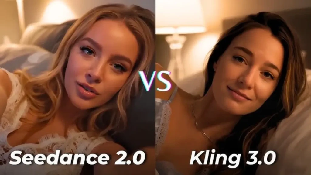 A side-by-side comparison titled “VS,” showing two women in similar bedroom settings: the left labeled “Seedance 2.0” and the right labeled “Kling 3.0,” suggesting a head-to-head review or feature comparison between two AI video generation tools.