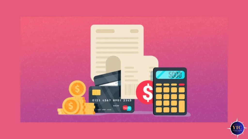A flat-design illustration on a pink gradient background featuring a calculator displaying “5000,” credit cards, stacked gold coins, documents, and a red dollar-sign icon, symbolizing budgeting, invoicing, and financial management for cloud or SaaS services.