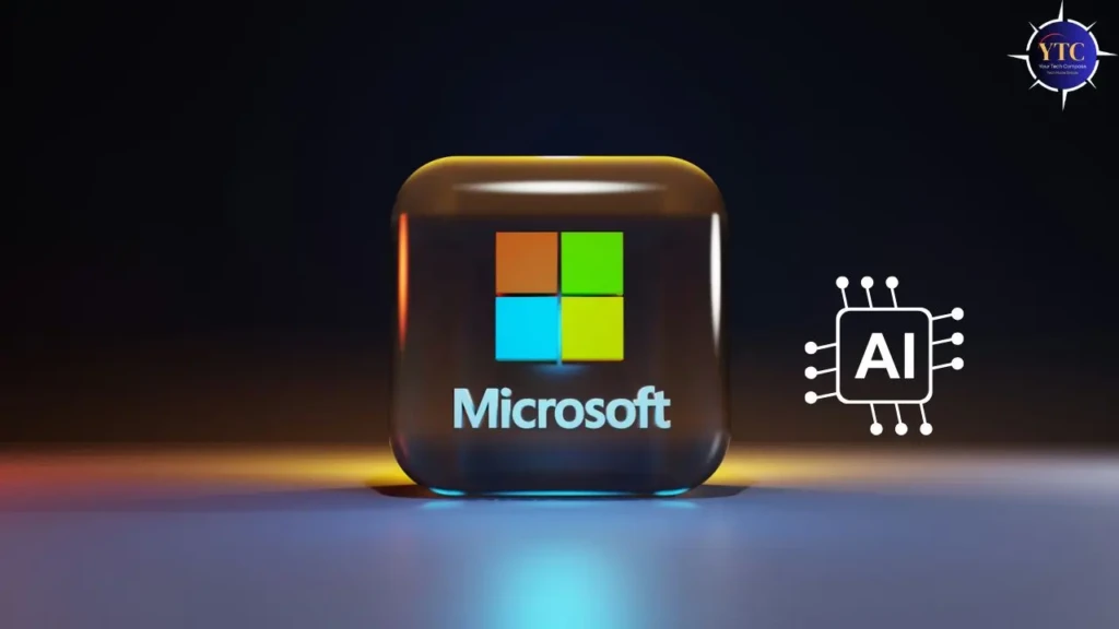 A glossy 3D-rendered Microsoft logo cube with the four-color Windows icon and “Microsoft” text, placed beside a stylized AI chip icon labeled “AI” on a dark gradient background, symbolizing Microsoft’s integration of AI into its core platform and services.
