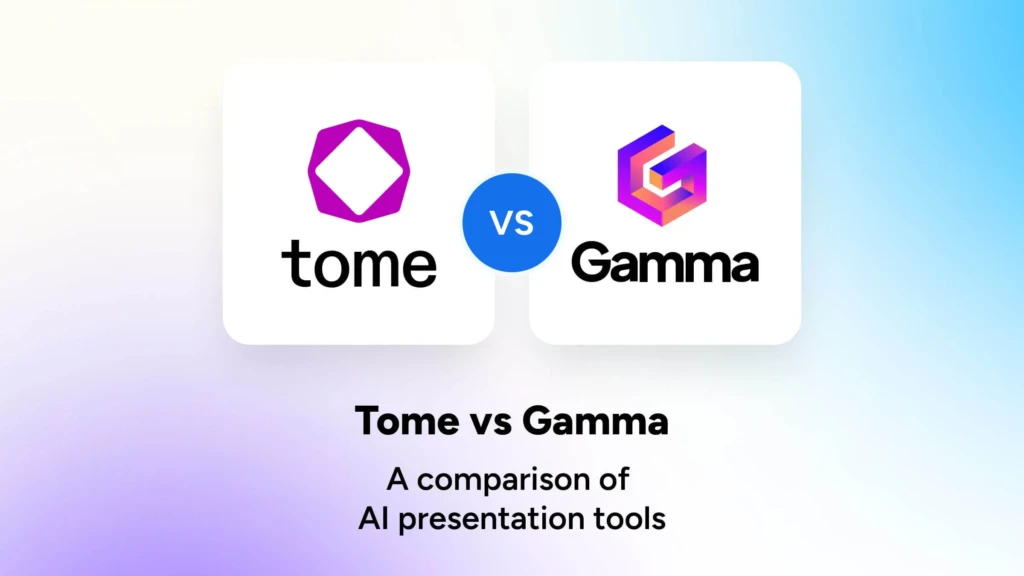 Graphic comparing AI presentation tools Tome and Gamma, featuring their logos and the title "Tome vs Gamma."