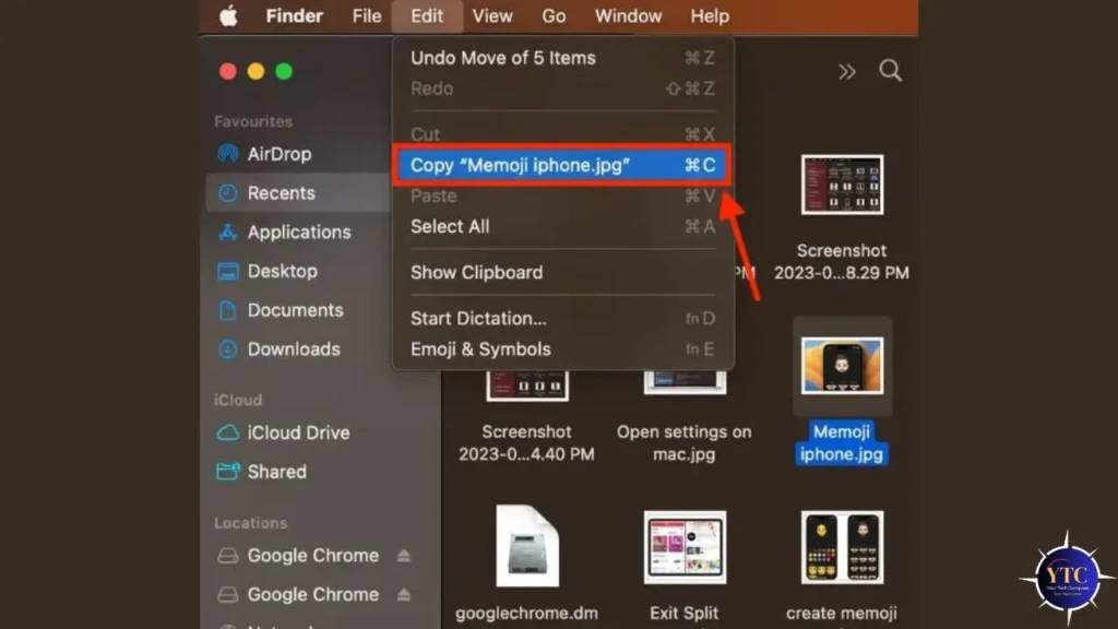 A Finder window on macOS showing a context menu with “Copy ‘Memoji iphone.jpg’” selected and highlighted in blue, alongside a red arrow pointing to the option, demonstrating the mouse-based method to copy a file in Finder.