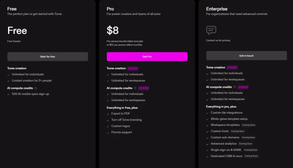 A pricing comparison for Tome showing three plans: Free (forever), Pro ($8/month), and Enterprise (custom), detailing features like unlimited creation, AI compute credits, PDF export, custom branding, and upcoming tools such as white-glove setup and advanced analytics, presented on a dark theme for clear readability.
