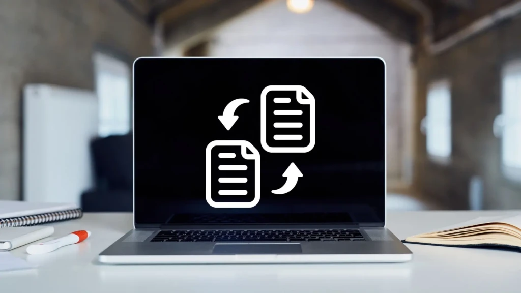 A laptop on a desk with its screen displaying a white icon set of two documents and curved arrows indicating bidirectional transfer, symbolizing copy-and-paste or file duplication functionality, surrounded by stationery items in a modern workspace setting.
