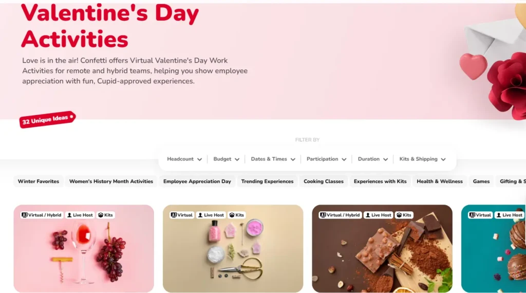 The Confetti “Valentine’s Day Activities” landing section with pink-themed visuals, the tagline “Love is in the air!”, and a grid of curated experiences like wine-and-grapes pairing, DIY beauty kits, and chocolate-making, emphasizing fun, “Cupid-approved” virtual events for employee appreciation.