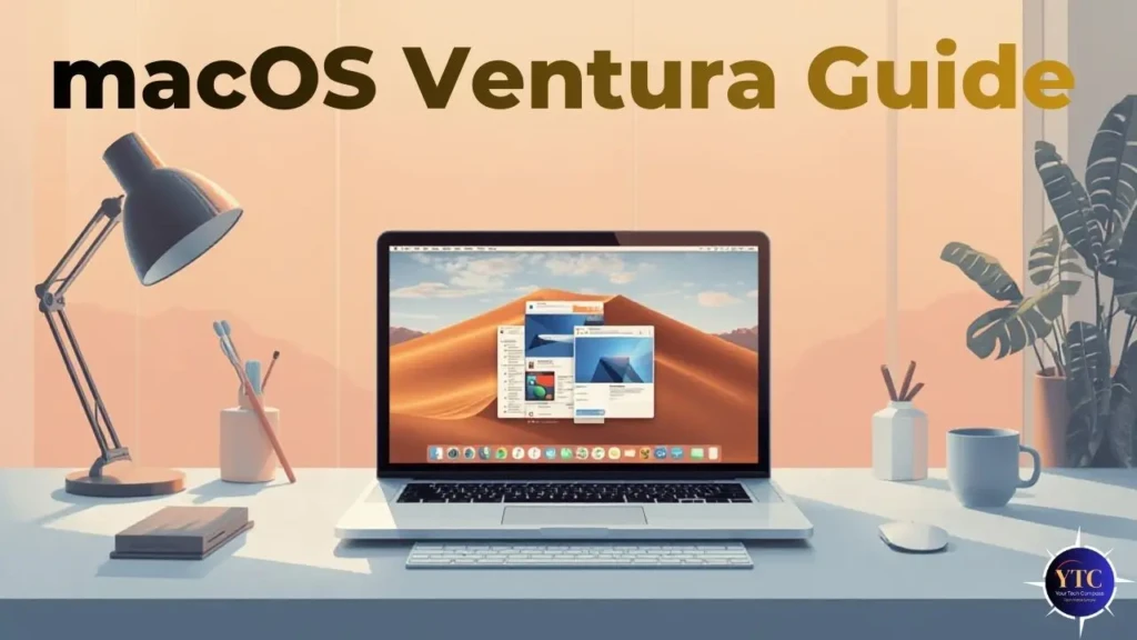 A laptop displaying macOS Ventura guide, with a desk lamp and plants in a bright workspace setting. Text reads "macOS Ventura Guide."