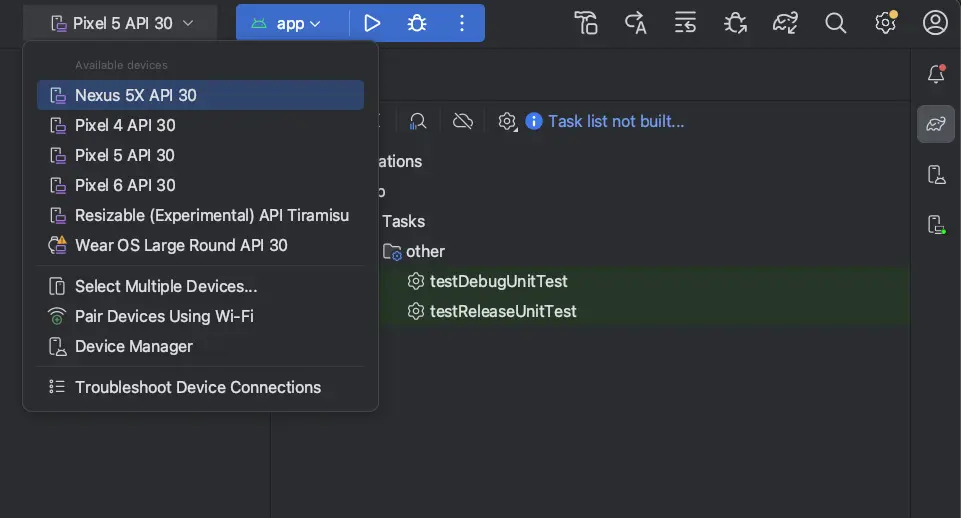 A screenshot of Android Studio showing the “Available devices” dropdown with connected emulators including “Nexus 5X API 30,” “Pixel 4 API 30,” and “Wear OS Large Round API 30,” alongside a project sidebar with test configurations like testDebugUnitTest, illustrating device selection and testing workflow in the Android development environment.
