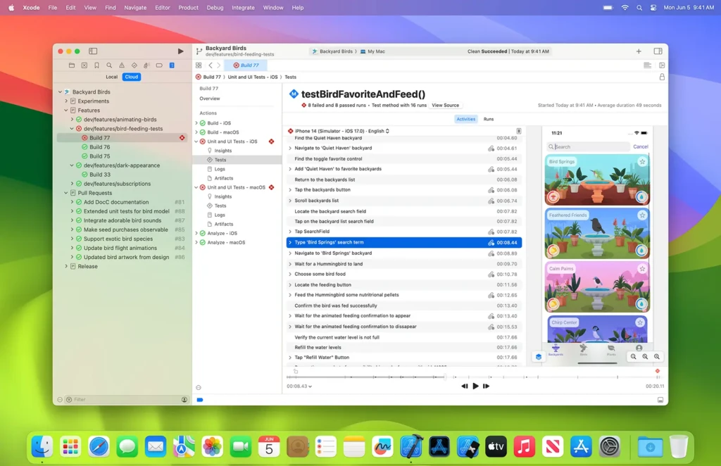 Screenshot of Xcode displaying the "Backyard Birds" project, with logs for test runs and a simulation running on an iPhone.